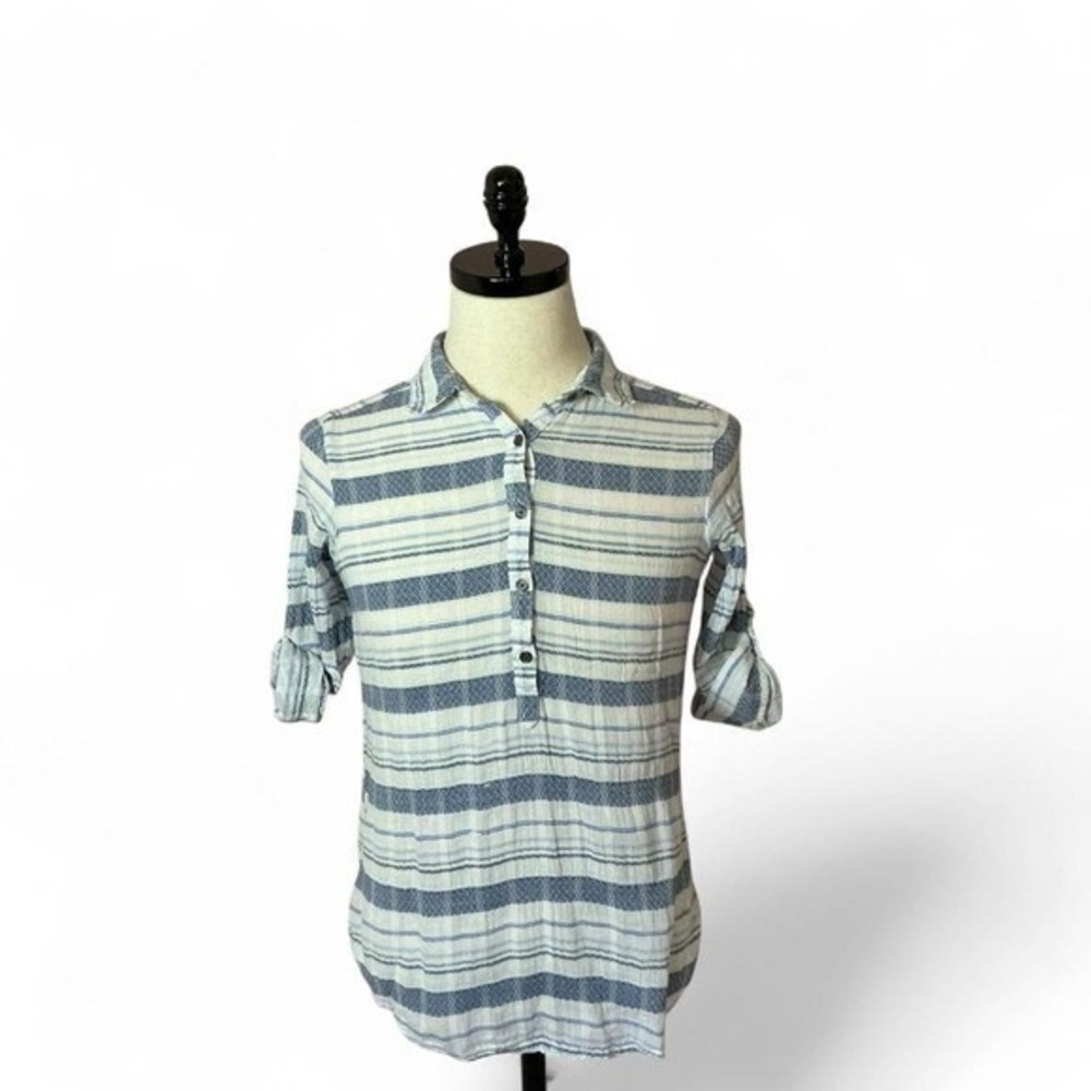 Columbia Striped Gauze Henley Shirt Women S Blue White Roll Tab Sleeve Gorpcore